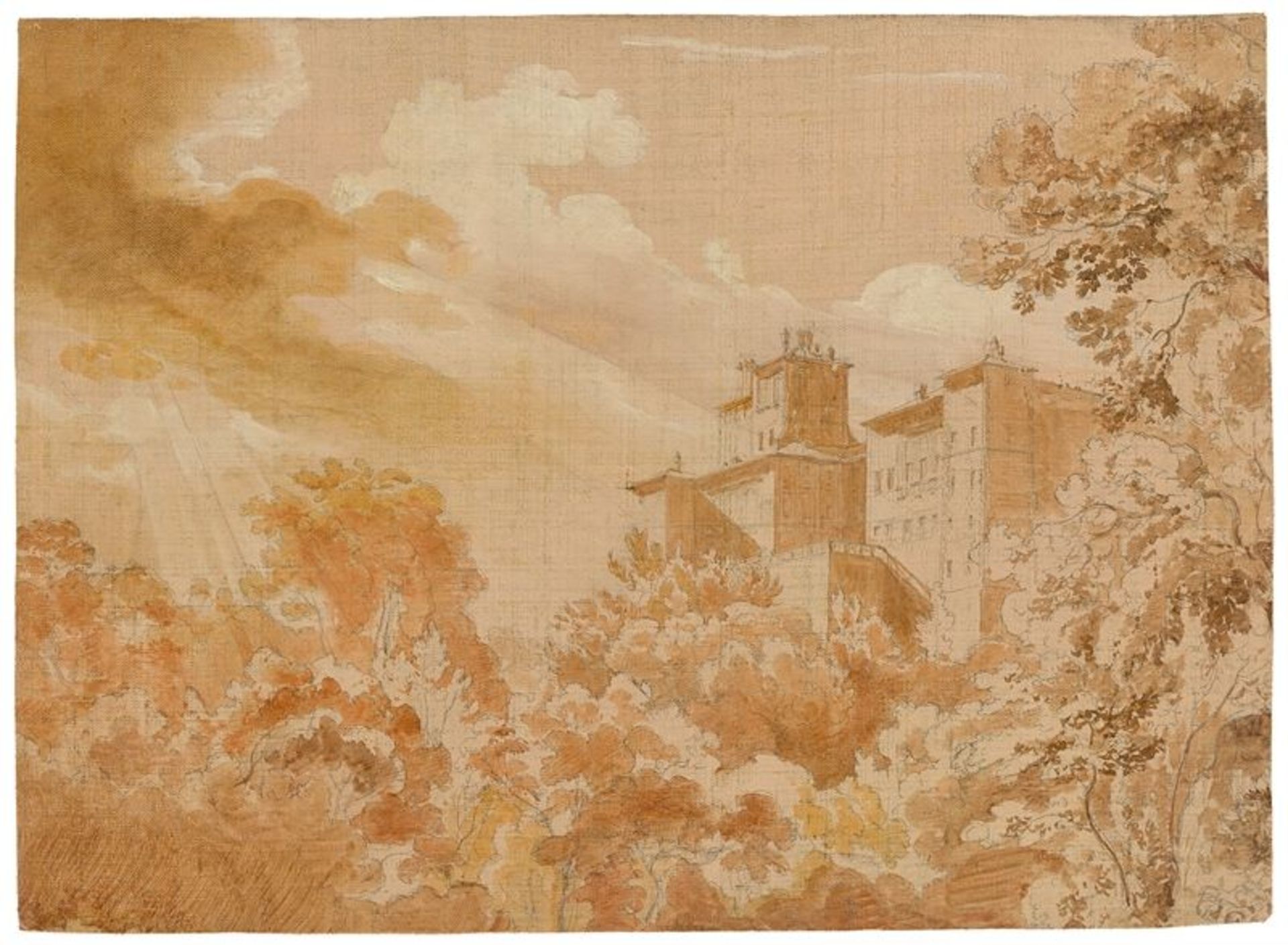 Ernst Fries (Heidelberg 1801 – 1833 Karlsruhe) „Blick über Bäume auf die Villa Chigi in Ariccia“. Um