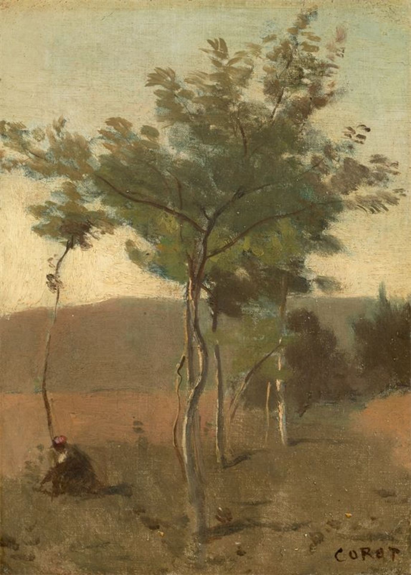 Jean-Baptiste-Camille Corot (1796 – Paris – 1875) Bouquet d‘arbres, effet de crépuscule. Um 1845/