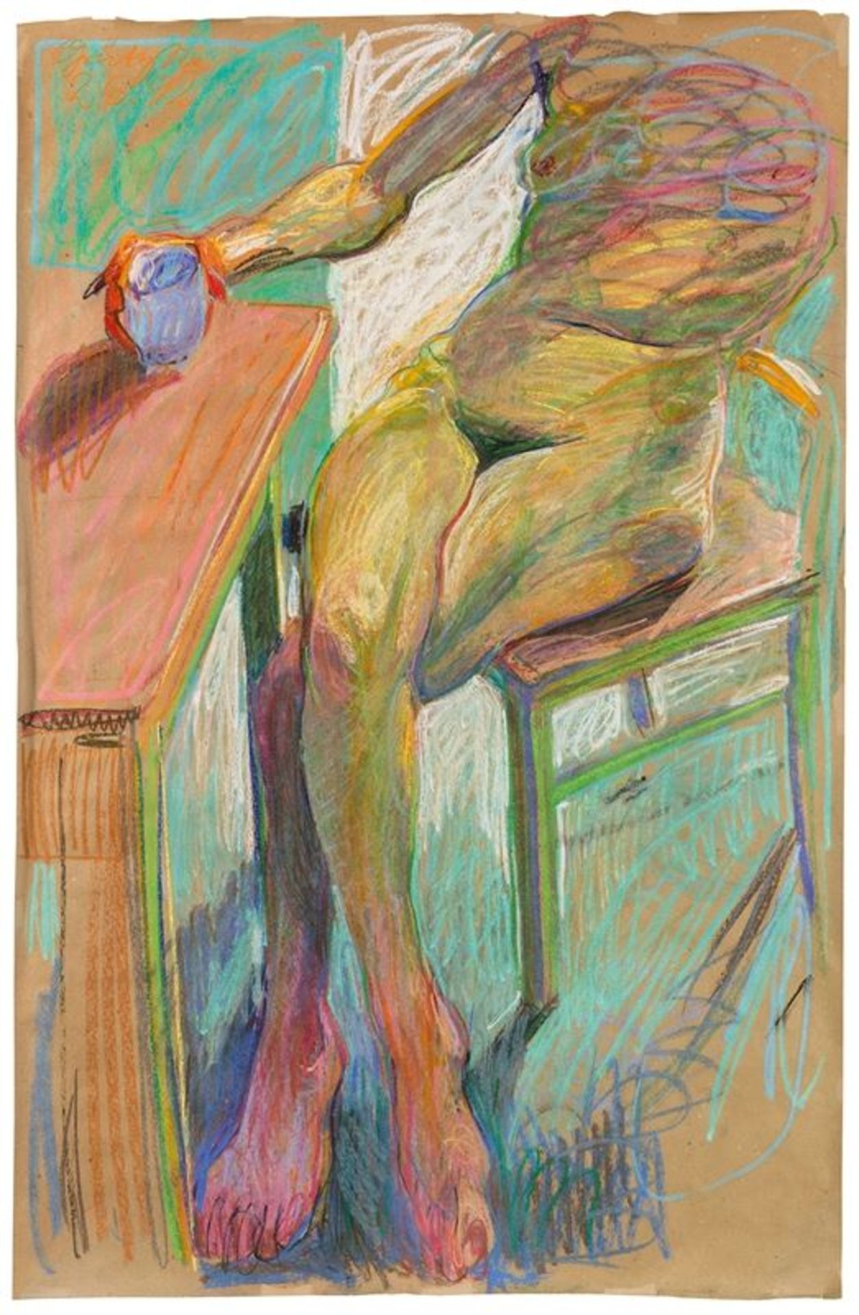 Johannes Grützke (1937 – Berlin – 2017)Am Tisch mit Kaffeetasse. 1992Pastell auf Papier. 154 × 100