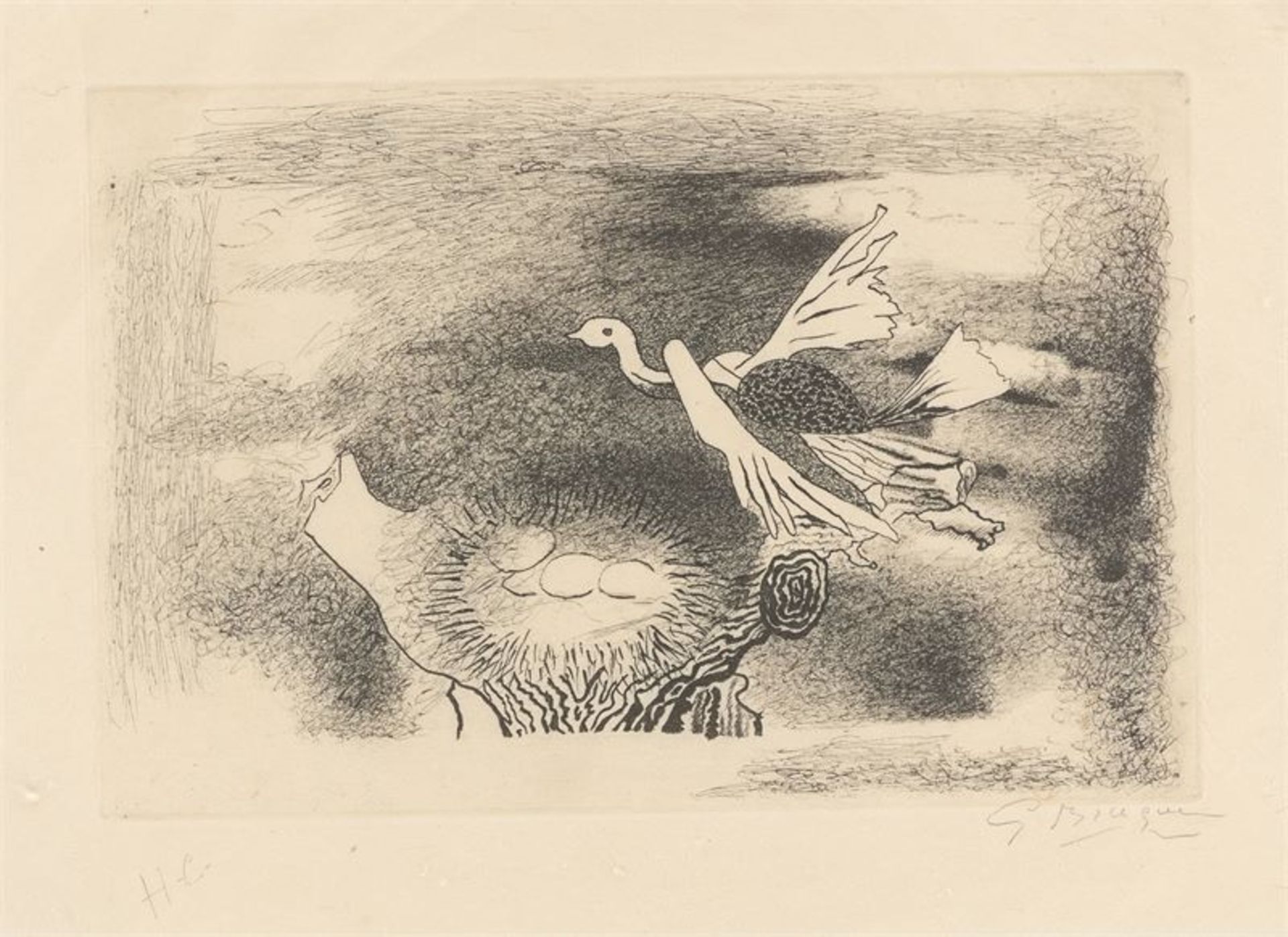 Georges Braque (Argenteuil 1882 – 1963 Paris)„Le nid (oiseau IX)“. 1955Kaltnadel auf Japan. 22,7 ×