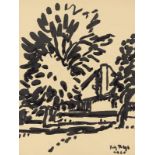 Fritz Bleyl (Zwickau 1880 – 1966)„Buhnenhaus mit 3 Bäumen“. 1920Tusche über Bleistift auf Papier.