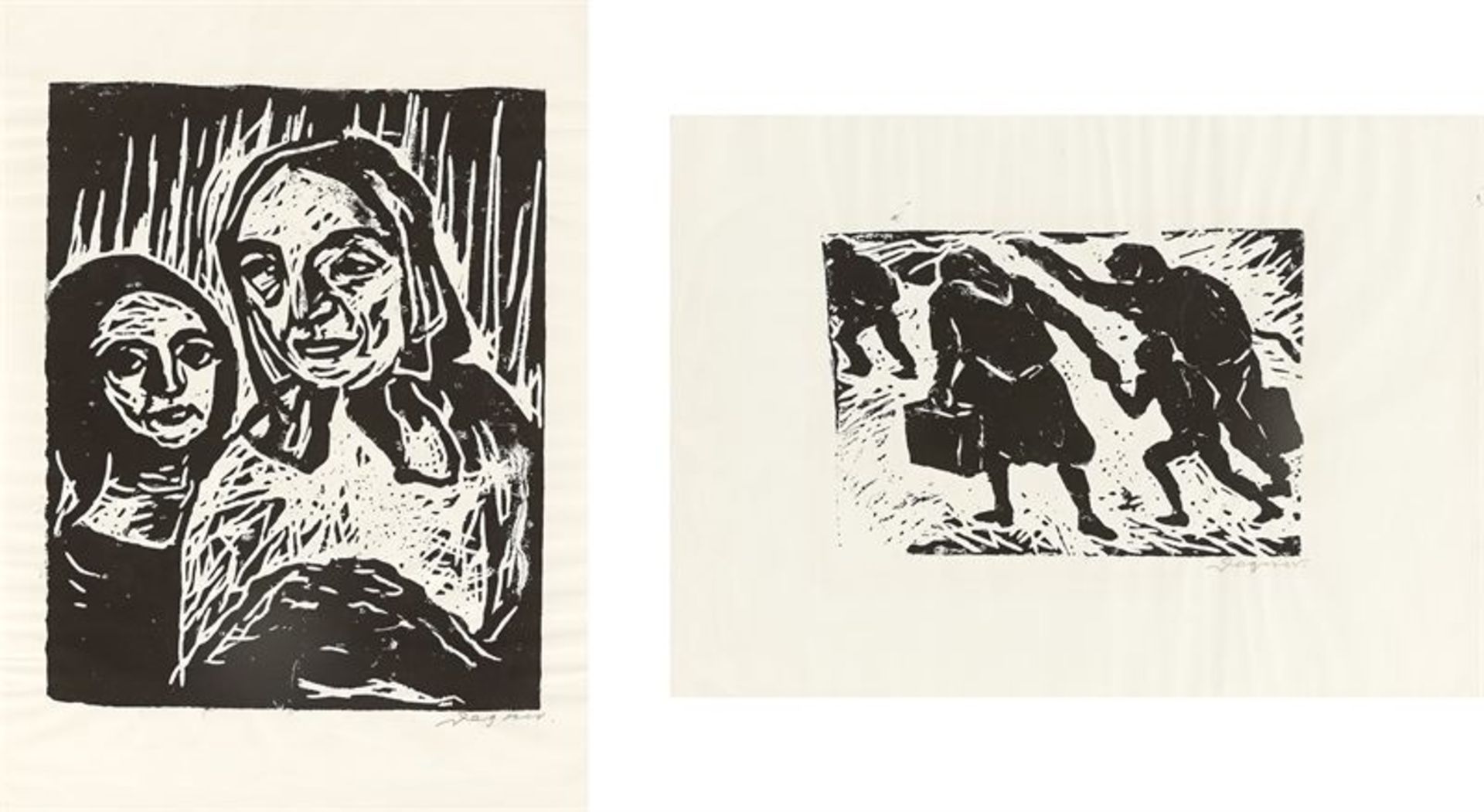 Arthur Degner (1887 – 1972)„Auf der Flucht“ / „Mutter und Kind“. 2 Holzschnitte, jeweils auf Bütten.