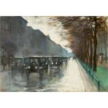 Lesser Ury (Birnbaum/Posen 1861 – 1931 Berlin)„Unter den Linden mit Droschken im Regen“. 1920er-