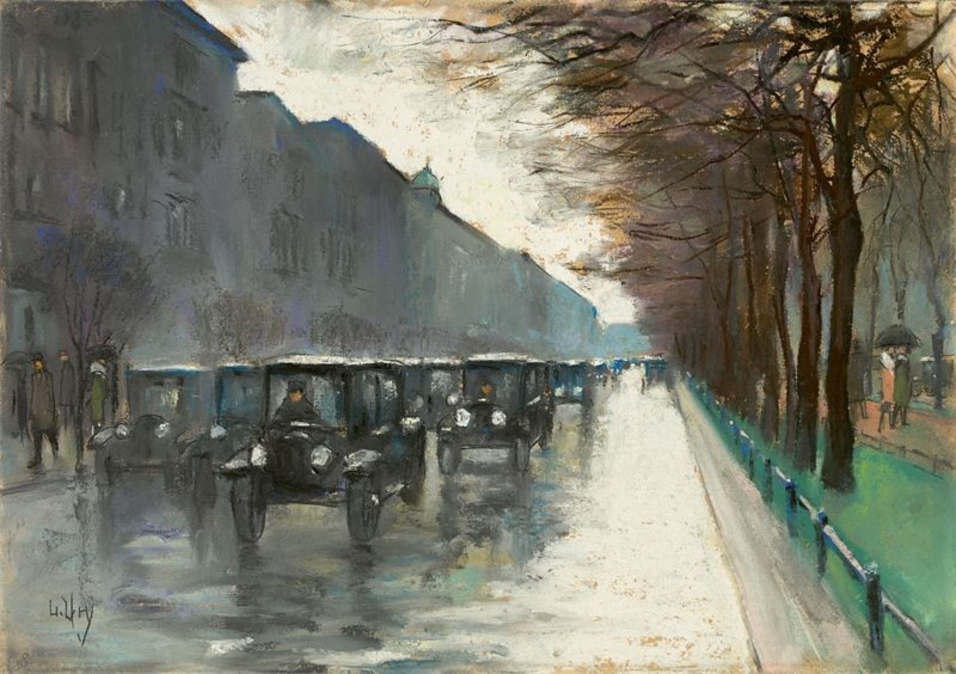 Lesser Ury (Birnbaum/Posen 1861 – 1931 Berlin)„Unter den Linden mit Droschken im Regen“. 1920er-