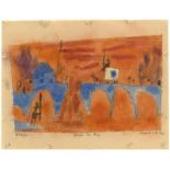 Lyonel Feininger (1871 – New York – 1956)„Brücke über Fluss“. 1921Aquarell und Tuschfeder auf Velin.