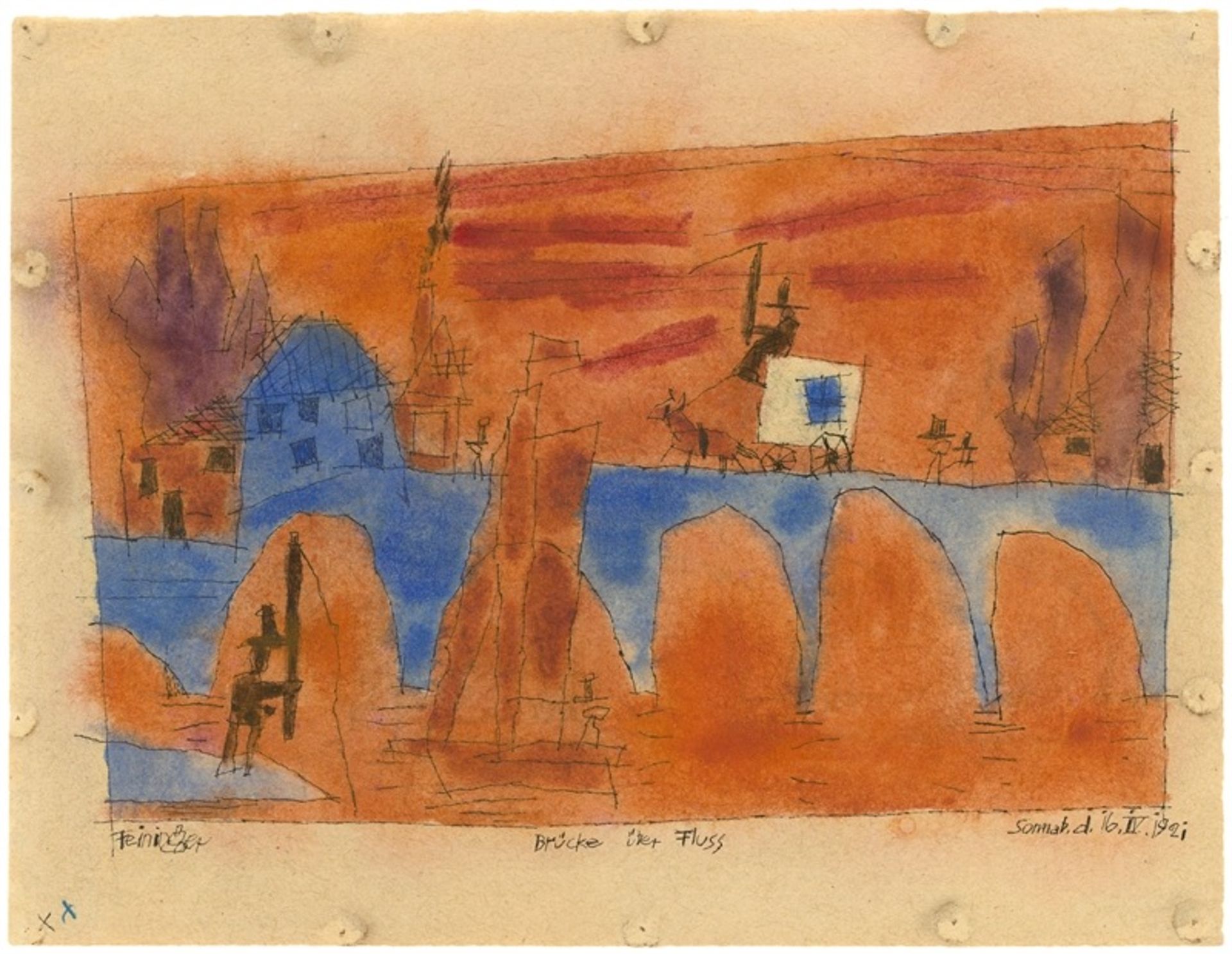 Lyonel Feininger (1871 – New York – 1956)„Brücke über Fluss“. 1921Aquarell und Tuschfeder auf Velin.