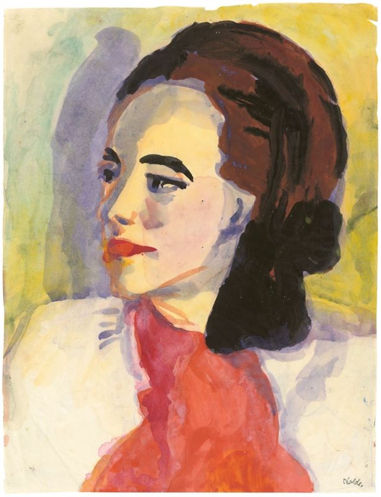 Emil Nolde (Nolde 1867 – 1956 Seebüll)Bildnis Jolanthe Nolde (Halbprofil nach links). Aquarell auf