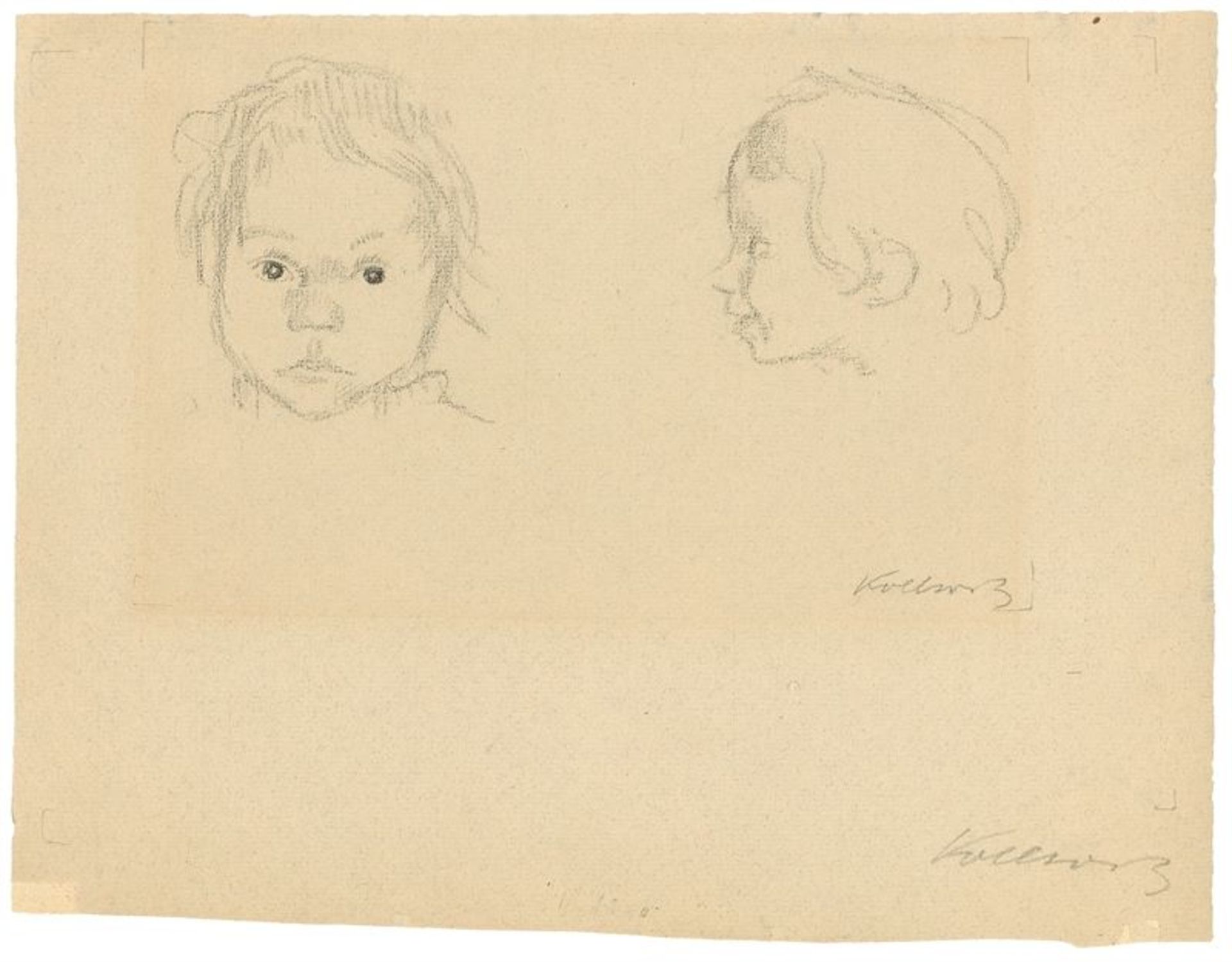 Käthe Kollwitz (Königsberg 1867 – 1945 Moritzburg)„Zwei Kinderköpfe“. Um 1912Kohle auf Bütten.