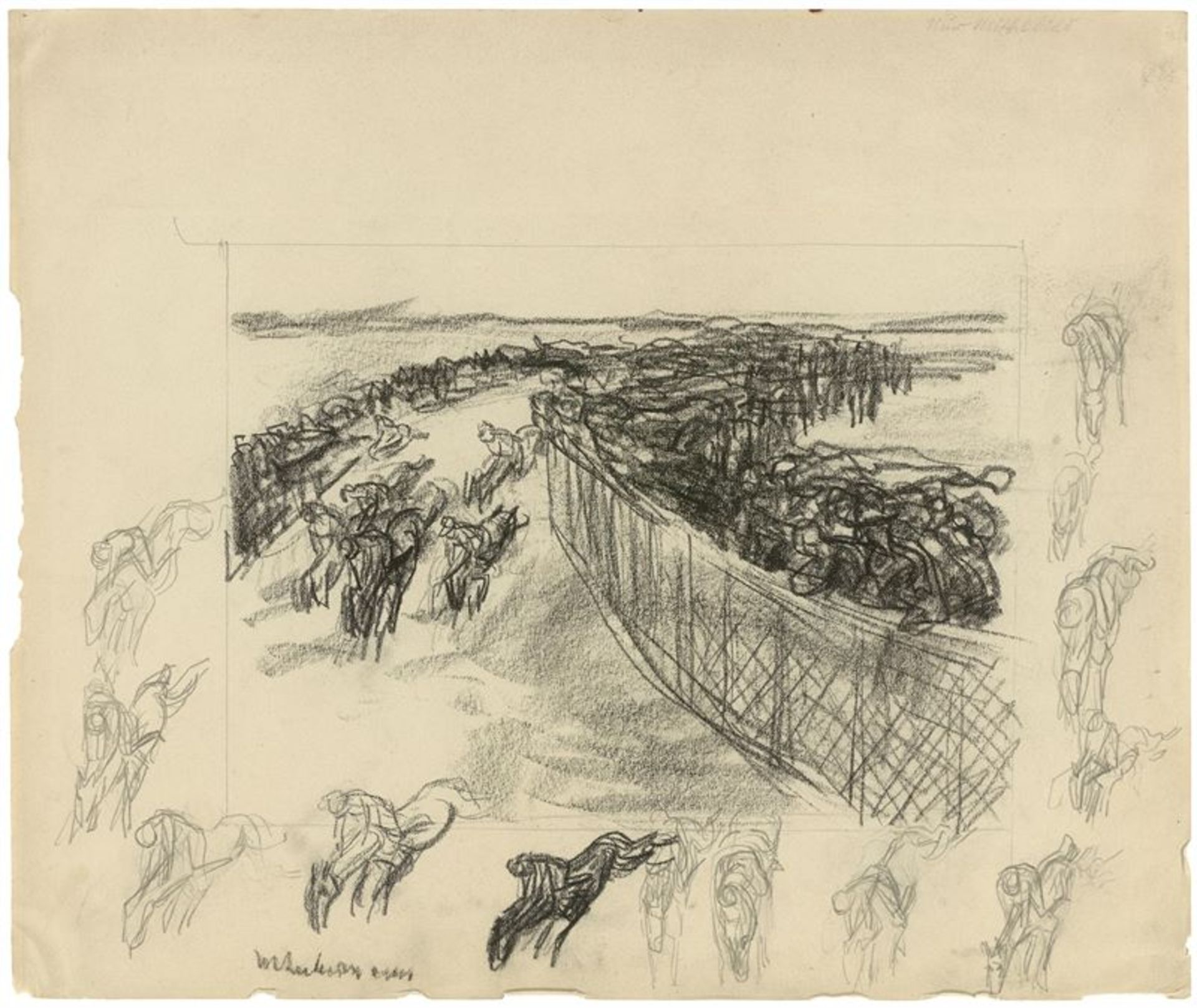 Max Liebermann (1847 – Berlin – 1935)Pferderennen. 1908Lithokreide und Bleistift auf Papier. 29 ×