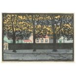 Gabriele Münter (Berlin 1877 – 1962 Murnau)„Herbstabend - Sèvres“. 1907Farblinolschnitt auf Japan.