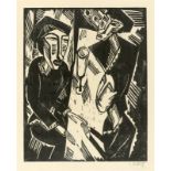 Karl Schmidt-Rottluff (Rottluff 1884 – 1976 Berlin)„Drei am Tisch“. 1914Holzschnitt auf Bütten. 49,7