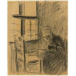 Max Liebermann (1847 – Berlin – 1935)Stopfende Alte am Fenster. Um 1880Kohle auf braunem Papier.