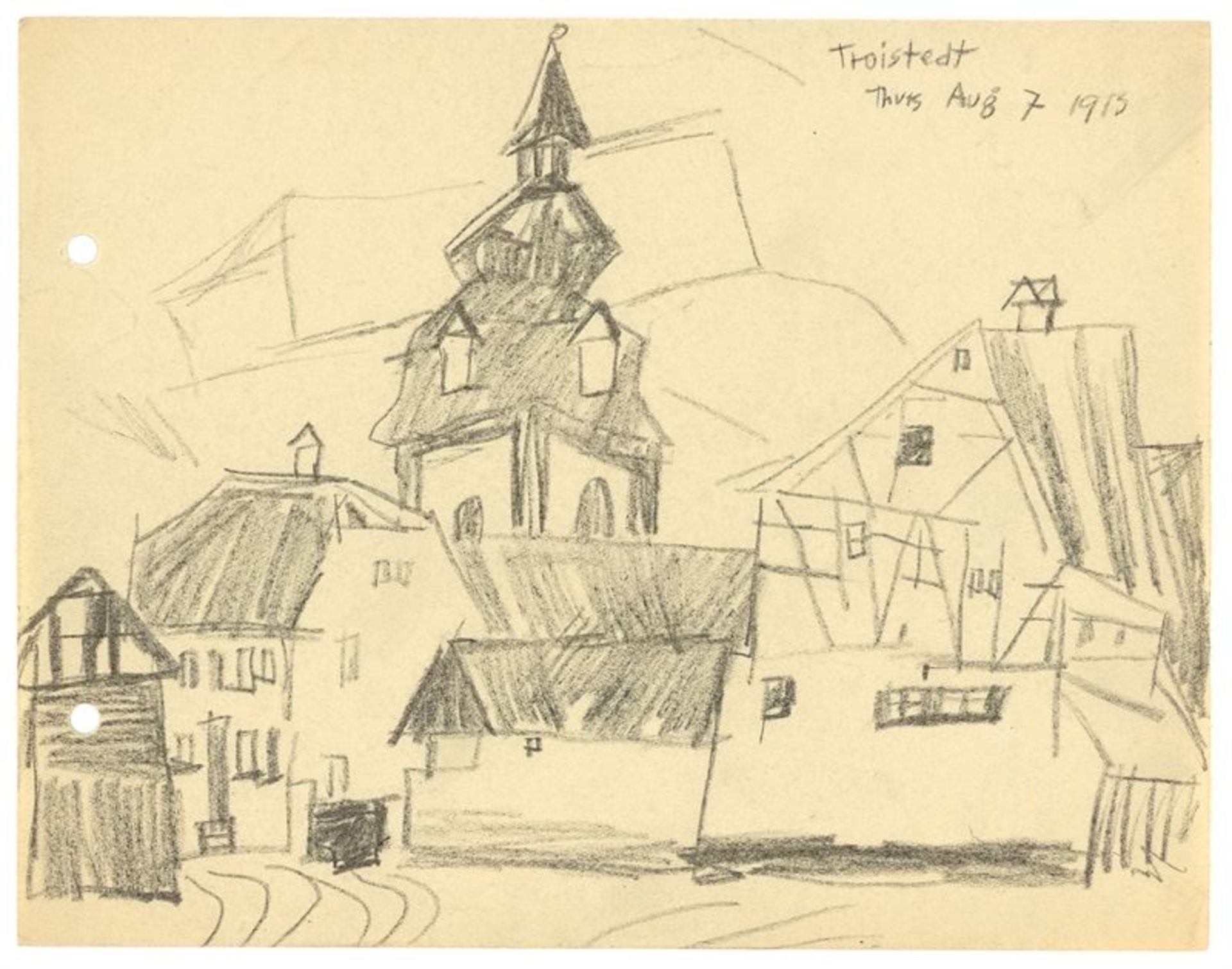 Lyonel Feininger (1871 – New York – 1956)„Troistedt“. 1913Bleistift auf Papier. 15,8 × 20,3 cm ( 6 ¼