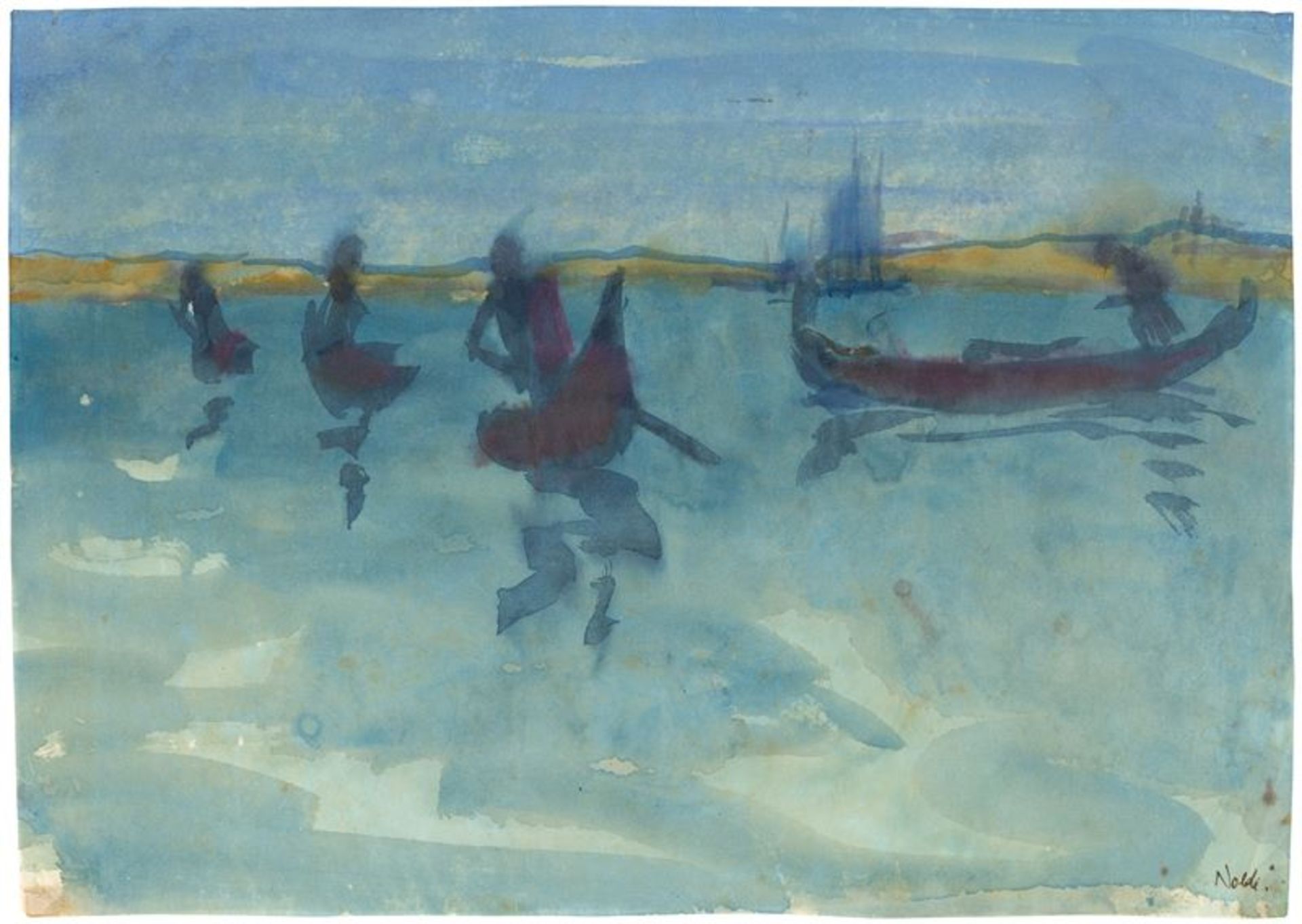Emil Nolde (Nolde 1867 – 1956 Seebüll)„Vier auf einem See fahrende Gondeln“ (Venedig). Um