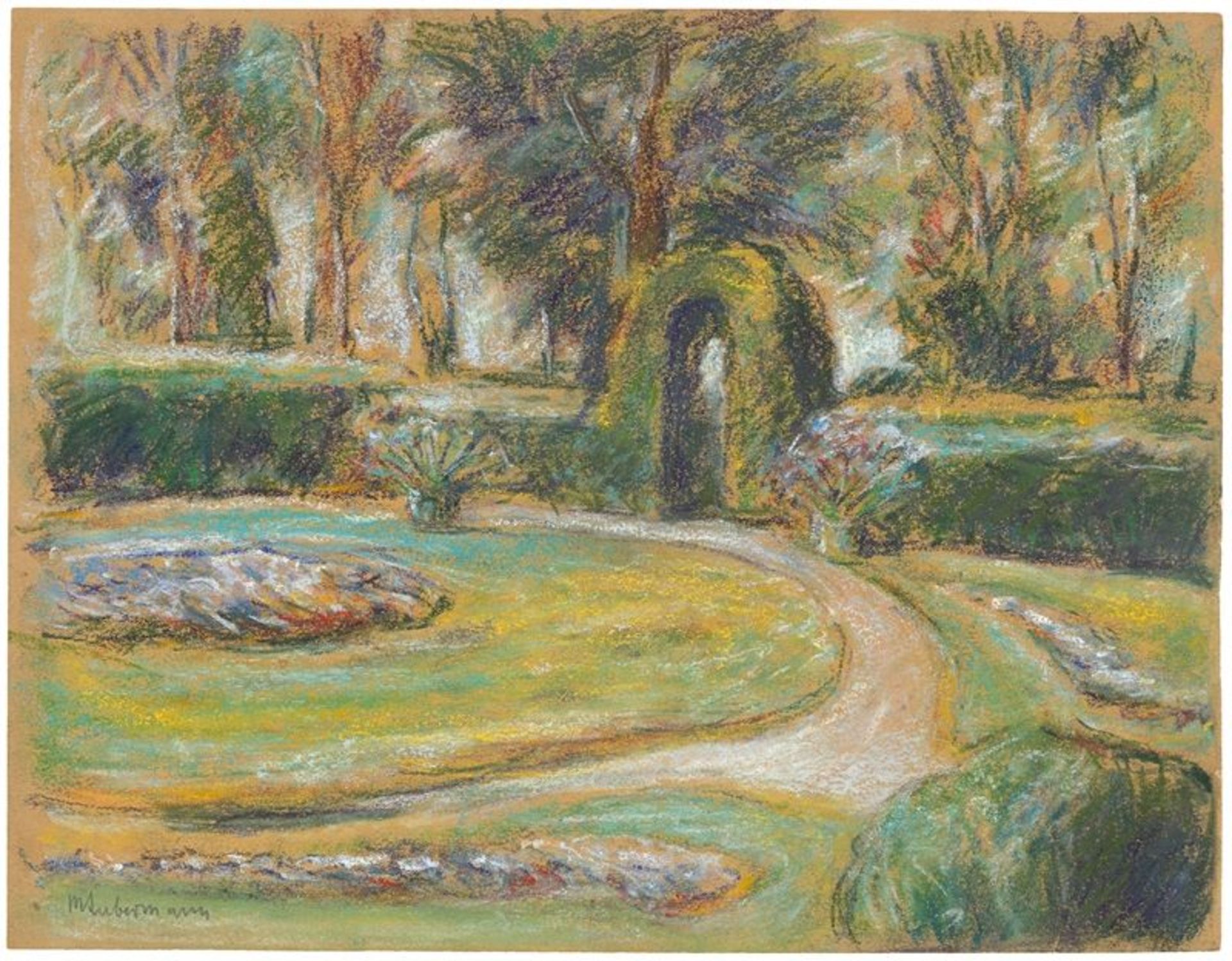 Max Liebermann (1847 – Berlin – 1935)„Das Rondell im Heckengarten“. Um 1923Pastell auf bräunlichem