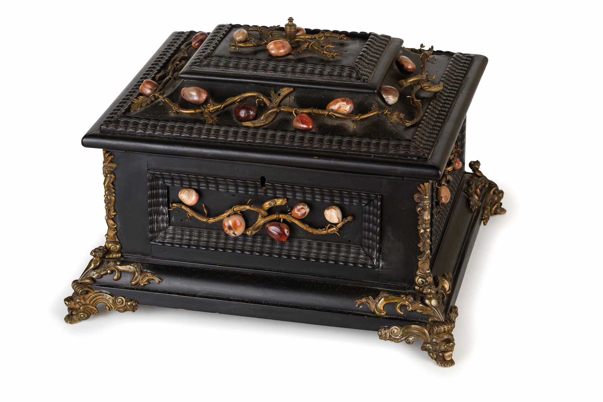 SCATOLA IN LEGNO EBANIZZATO E PIETRE DURE, XIX-XX SECOLO