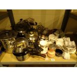 Shelf of kitchen pan sets several part tea ornaments clock etc