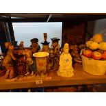 Shelf of mixed items including clock glassware ceramics paperweight etc