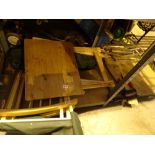 Two wooden folding camping chairs and two folding pine tables
