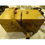 Wooden cantilever sewing box and contents