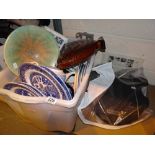 Box of mixed blue and white ceramics including Ironstone