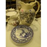 Large blue and white Royal Staffordshire jug blue and white Delft plate and a Whieldon ware