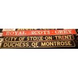 Three large hand made painted wooden locomotive name plates Royal Scots City of Stoke on Trent and