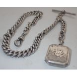 Hallmarked silver watch chain with T bar and opening locket fob 93g