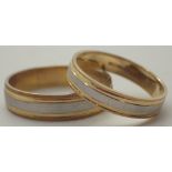 Pair of matching ladies and gents wedding rings 9ct yellow and white gold size X and size R 4.