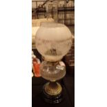 Victorian glass reservoir table lamp with etched glass shade