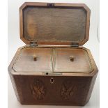 Edwardian wooden tea caddy with twin lidded interior and inlaid case (excluding key)