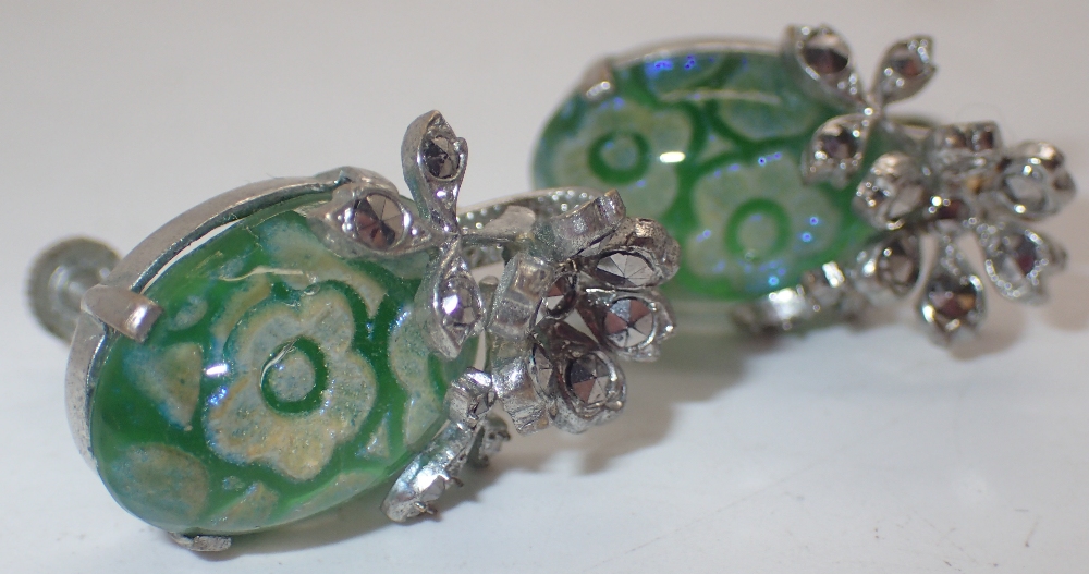 Pair of white metal marcasite and green glass set earrings