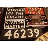 Collection of reproduction wooden railway signs and two tin plate repainted station signs