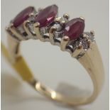 9ct gold marquise cut ruby and diamond ring size M