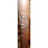 Antique carved bamboo Chinese walking stick with snake chasing a cricket