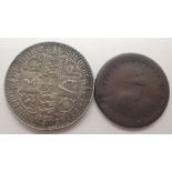 Reproduction Victorian Gothic Crown (1847) and an overstruck Georgian penny token