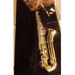 Cased Elkhart brass Tenor Saxophone with Yamaha mouthpiece