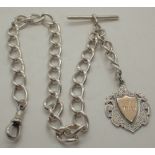 Hallmarked silver watch chain with T bar and fob 76g