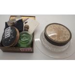 Box of mixed items including compacts white metal make up boxes and a glass dressing table powder