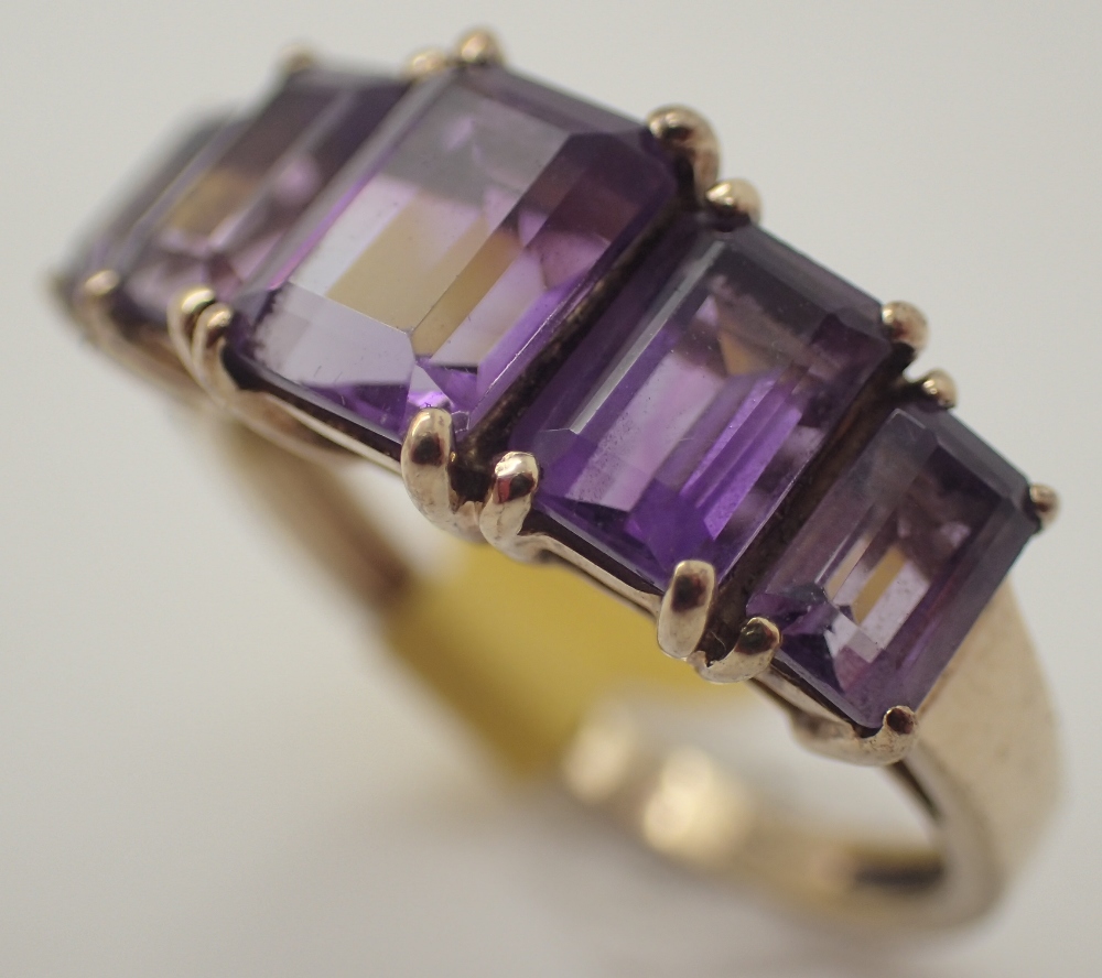 9ct gold five stone emerald cut amethyst ring size M