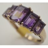 9ct gold five stone emerald cut amethyst ring size M