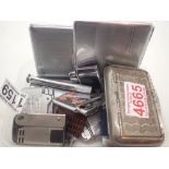 Collection of vintage lighters cigarette boxes and an unusual pipe maintenance tool