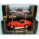 Maisto 1/18 scale Porsche Boxster and Burago 1/18 Ferrari 250 GTO both with original boxes