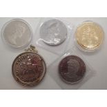 Five Queen Elizabeth coins one mounted and a Princess Diana memoriam