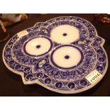Heavy blue and white tricorn porcelain dish
