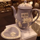 Powder blue Wedgwood jasperware teapot and two pin dishes