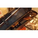 Antique violin with two piece back in wooden coffin case with bow CONDITION REPORT: