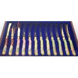Cased set of twelve top quality Limoges ceramic handled hallmarked silver bladed butter knives