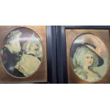 Two 18thC style miniature portrait prints both varnished to appear aged