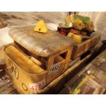 Vintage wooden tipper truck lorry marked W and a wooden train with carriages and trucks